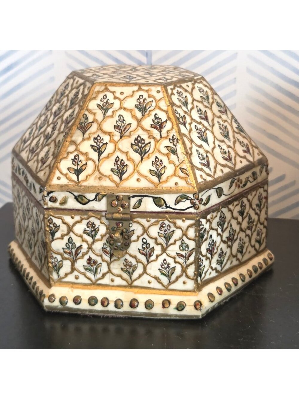 Vintage Moroccan Hand Made Camel Bone Inlay Enamel Painted Hexagonal Wooden Box